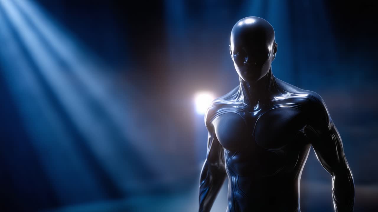 Uma figura humanoide elegante e brilhante se destaca sob iluminação dramática, exibindo um físico esculpido contra um pano de fundo de feixes iluminados e sombras melancólicas