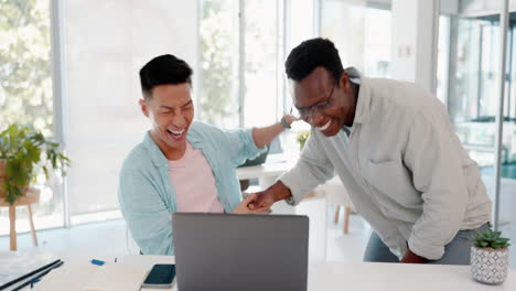 laptop, winner and handshake with a business