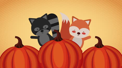 feliz celebración de acción de gracias con mapaches y zorros
