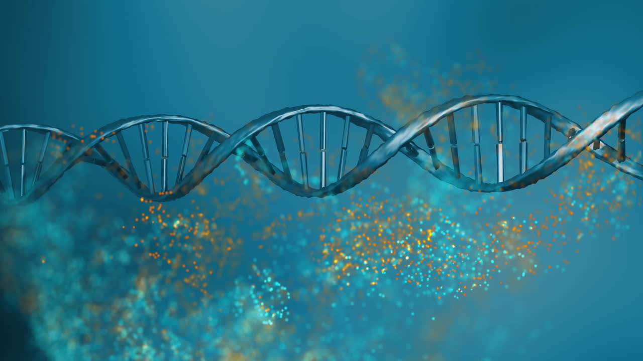 cadena de adn con partículas y efectos de luz, animación científica