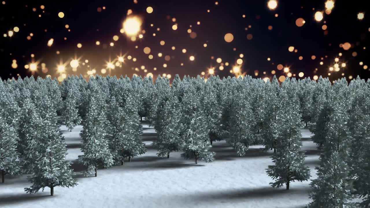Animation of glowing spots falling over fir trees and winter landscape