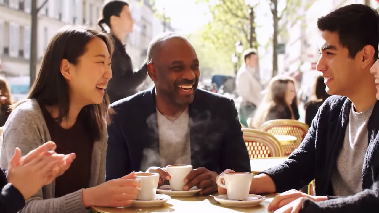 A Joyful Gathering: Friends Sharing Laughter and Coffee at a Sunlit Café in the Heart of a Vibrant City