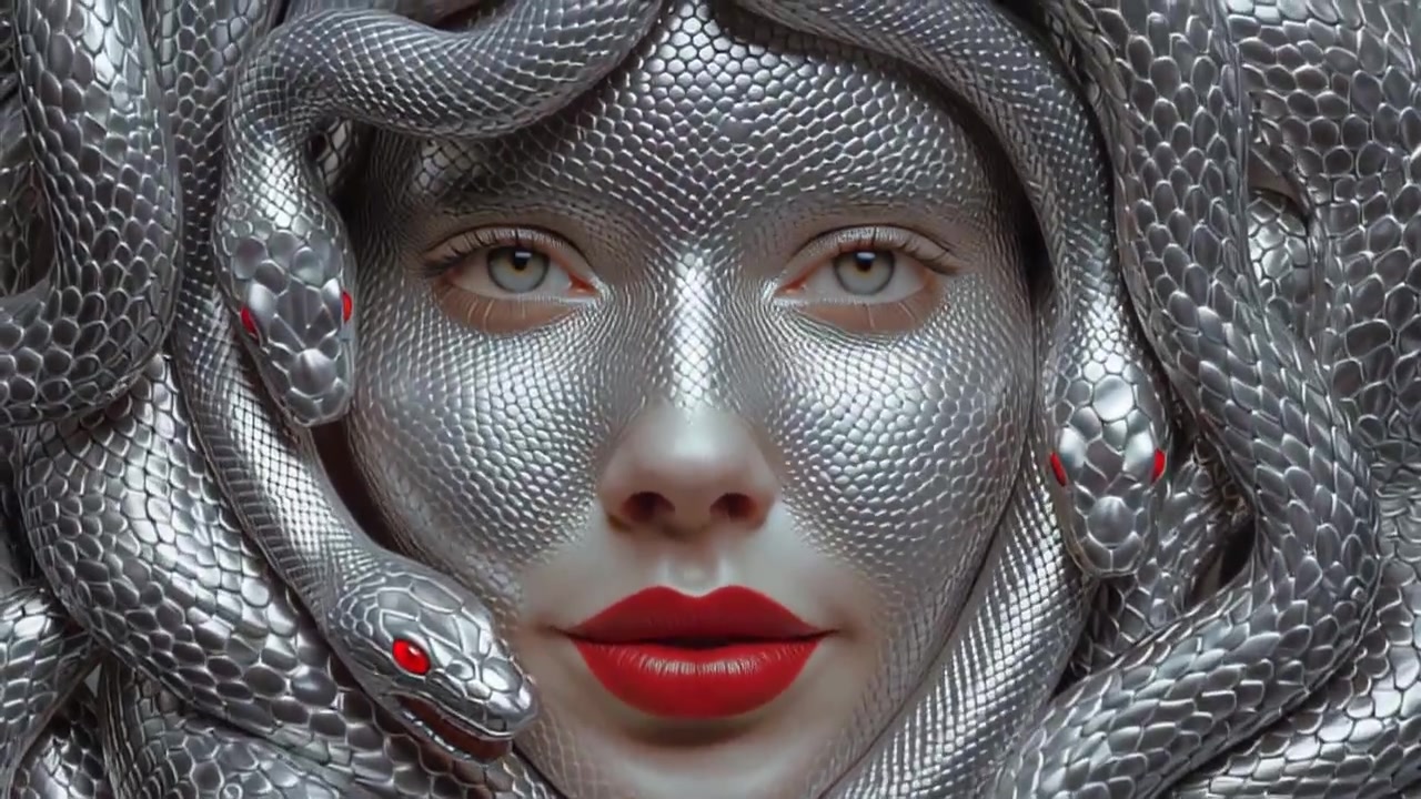 Cinematic close up footage of a woman face with metallic snake scale texture and coiled serpents framing her head, red lips and eyes, surreal fantasy concept