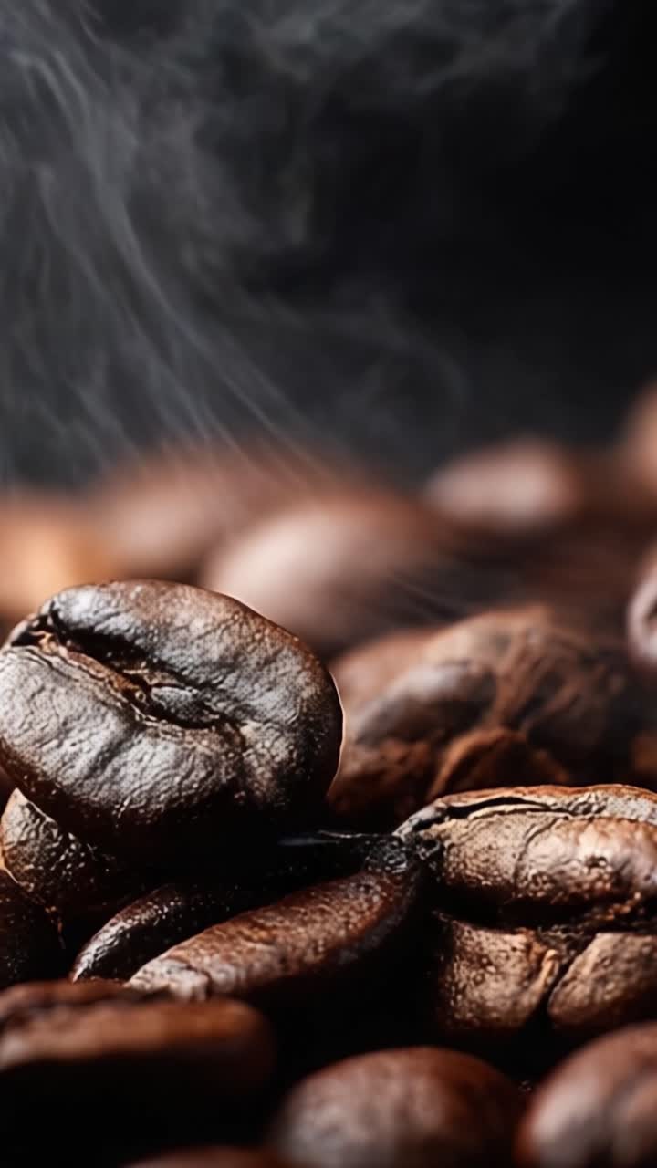 Fængslende nærbillede af rige, aromatiske kaffebønner med stigende damp, der viser deres dybbrune farver og teksturer i mørke omgivelser, perfekt til kaffeelskere
