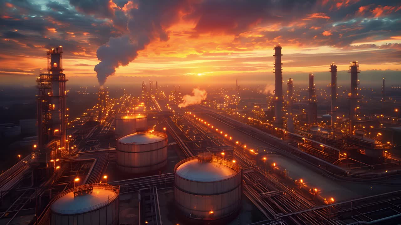Industrial Oil Refinery at Sunset