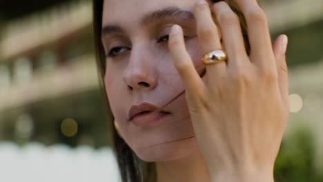 close-up view of young caucasian woman