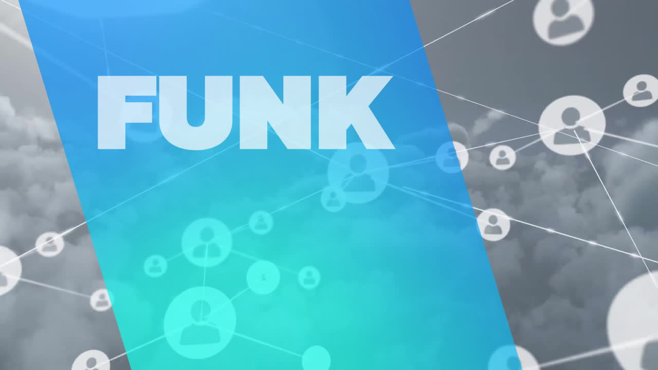 Animation of funk text over network of connections with icons and sky with clouds