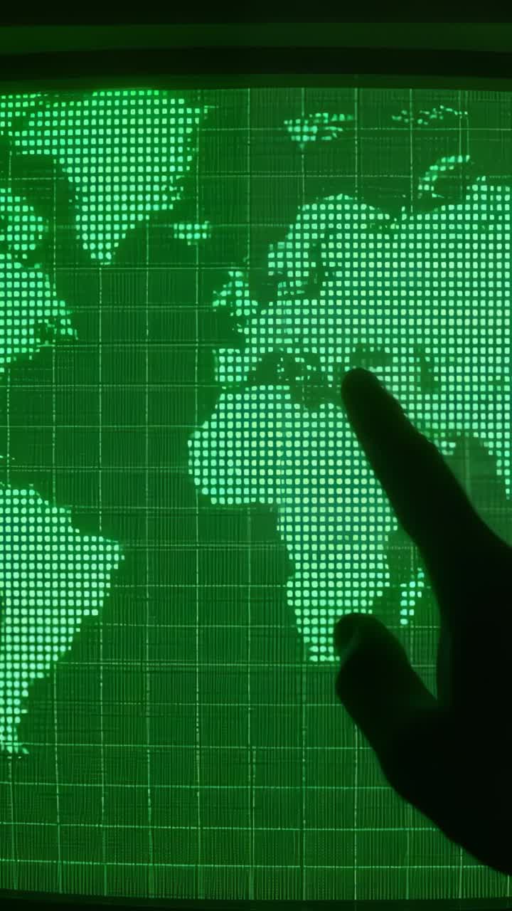 Vertical video: Entering finger selecting Africa region at workspace on green dot-matrix world map