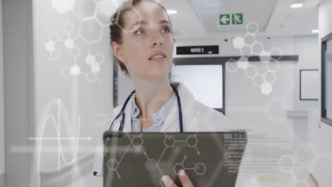 animation of science data processing over caucasian female nurse using tablet