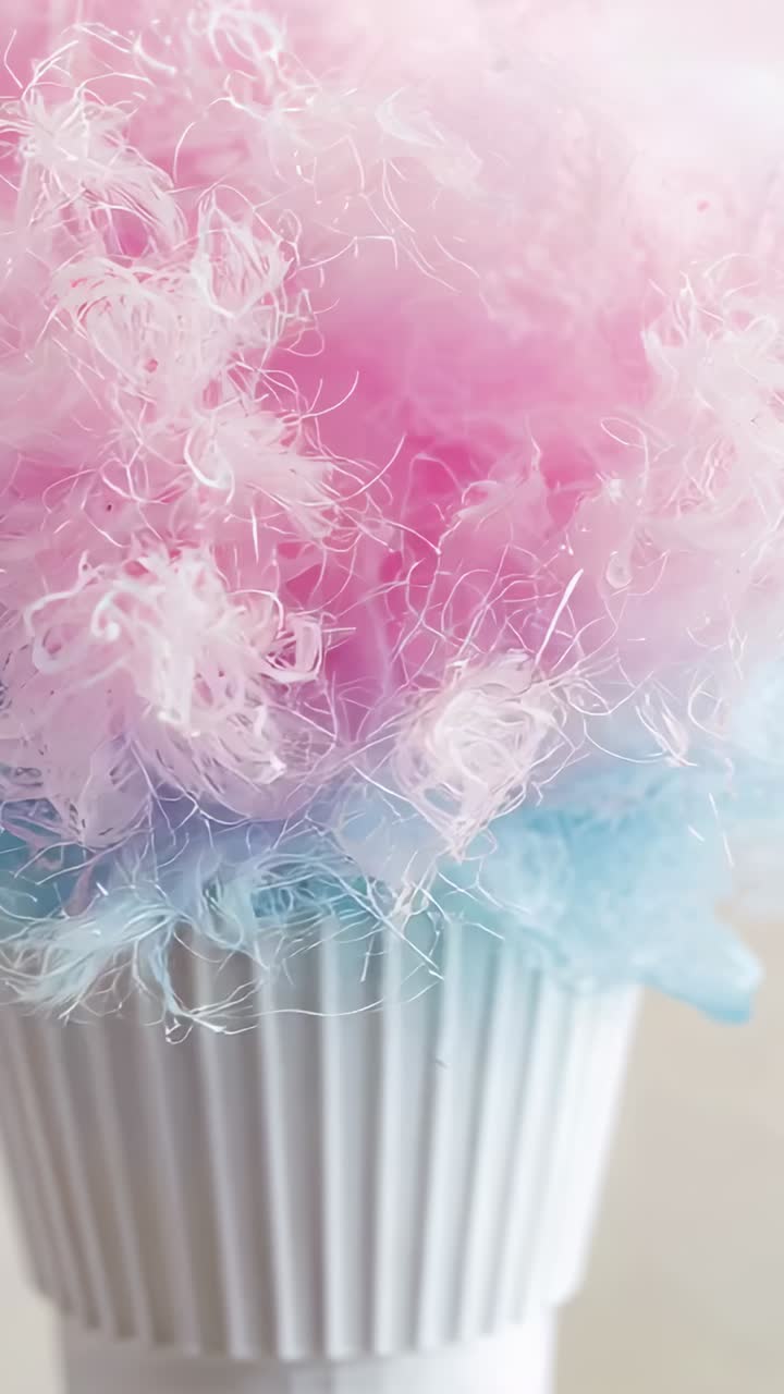Vertical video: Panning camera revealing pink blue cotton candy on tabletop, showing color, cup