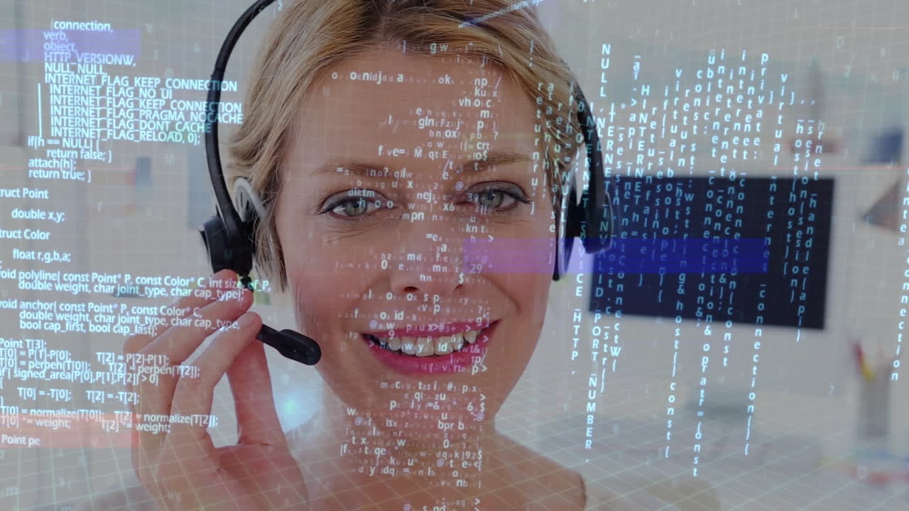 animación del procesamiento de datos sobre mujeres caucásicas usando auriculares de teléfono