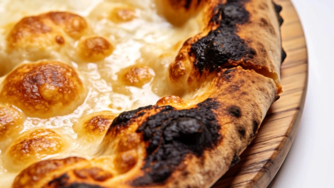 Telecamera in movimento che rivela una pizza al formaggio su un tagliere di legno su uno sfondo bianco, mostrando una crepa nella crosta carbonizzata.