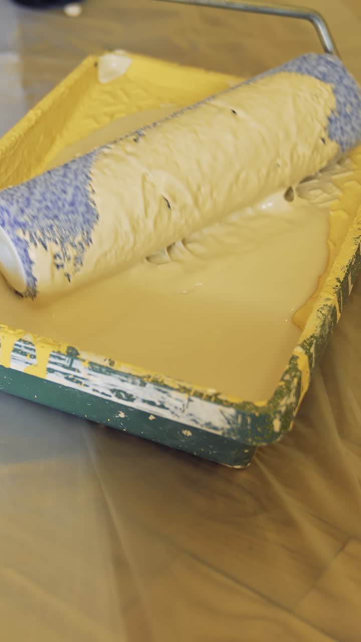 Paint tray with a roller. Worker is typing creamy color on a paint roller before painting walls. Dye in paint tray. Close-up. Vertical video