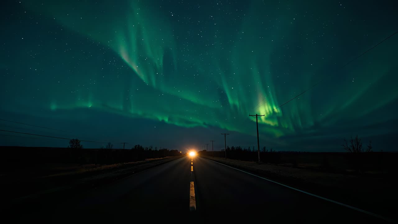 Shifting aurora brightening over rural highway at night, headlights approaching, power poles right