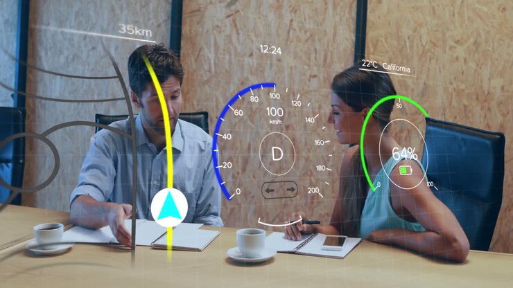 Animation of car panel over diverse business people in office