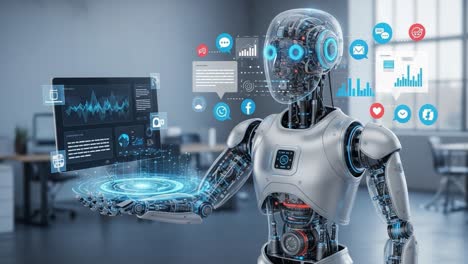 an advanced robotic assistant analyzes data in a modern office environment using cutting-edge technology for enhanced communication and interaction