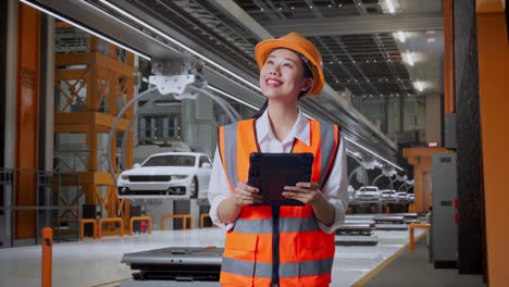 ingeniera asiática con casco de seguridad mirando la tableta en su mano y mirando a su alrededor mientras está de pie en la fábrica de automóviles ev