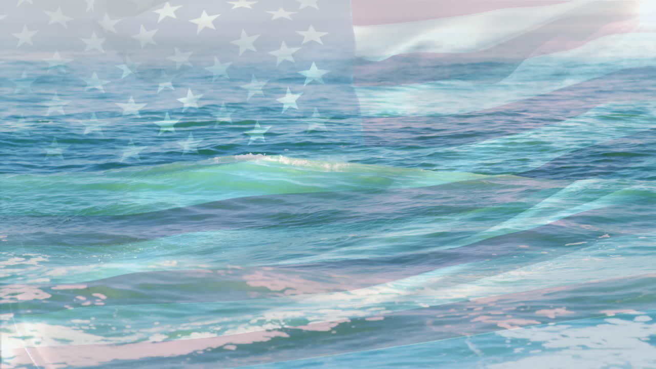 바다의 파도에 대항하여 미국  ⁇ 발을 흔드는 복합 비디오