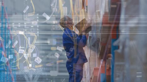 Composite-video-of-caucasian-male-worker-working-at-warehouse-against-close-up-of-a-server