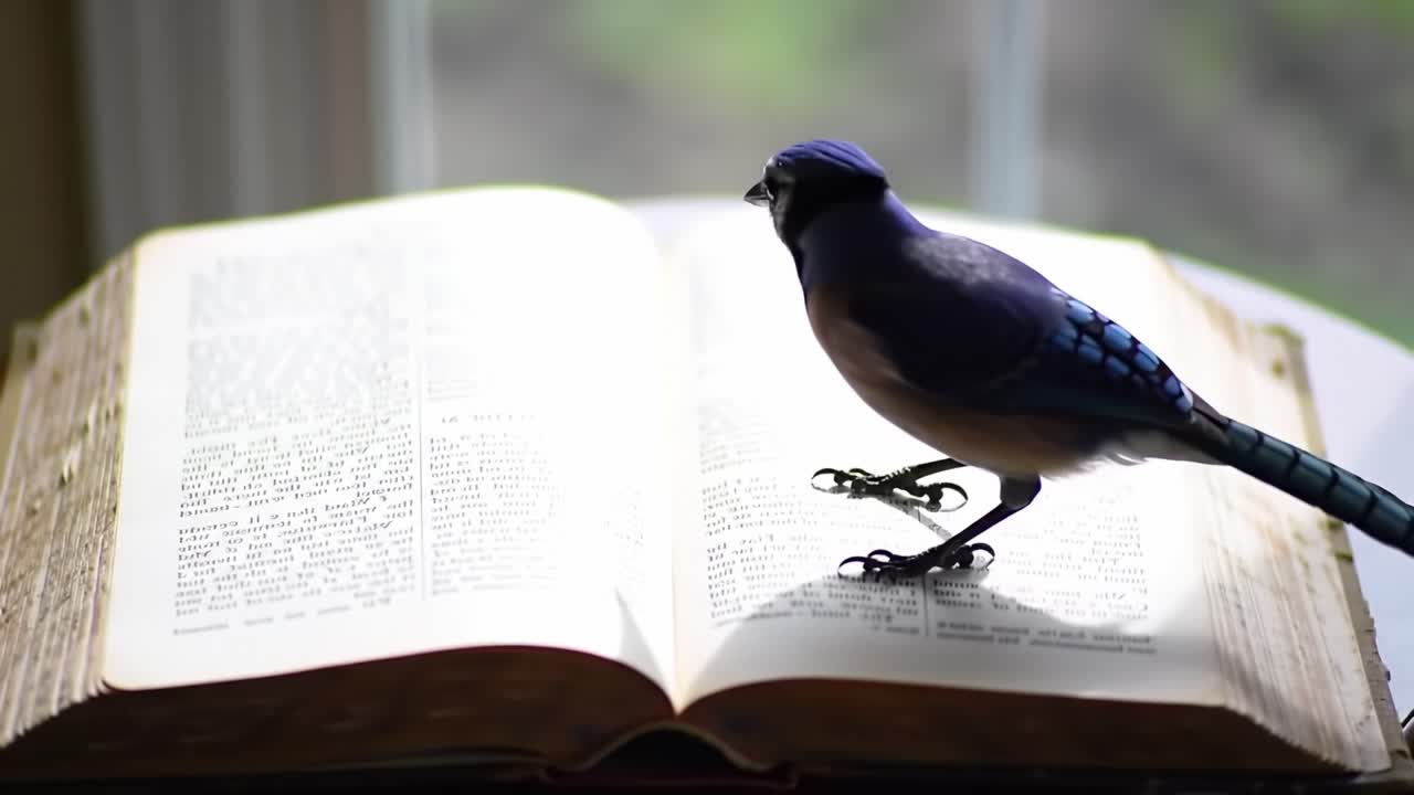 A Captivating Encounter: A Beautiful Bird Perched on an Open Book, Capturing the Essence of Nature and Knowledge in a Serene Setting