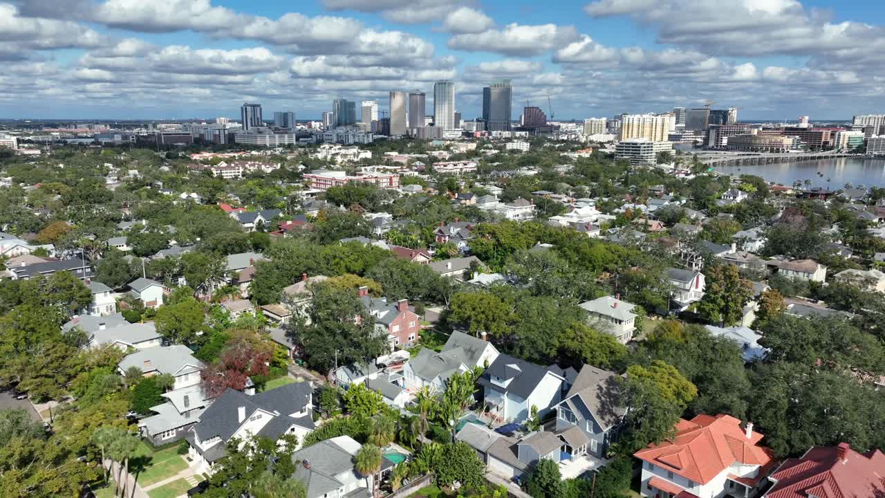 Mansões e casas de luxo com piscina particular no bairro nobre de Tampa. Vizinhança bem conservada com árvores verdes no verão. Skyline do centro da cidade ao longe. Foto aérea ampla