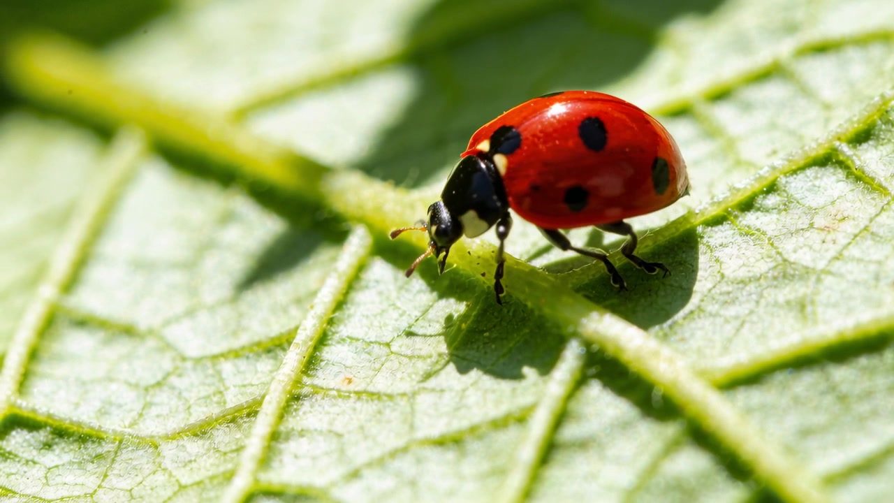 Walking red ladybug touching midrib with antennae, probing and climbing green leaf in sunlight