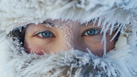 eyes sparkling with delight as frost covers the face of an adventurer in a snowy landscape, highlighting the beauty of winter exploration