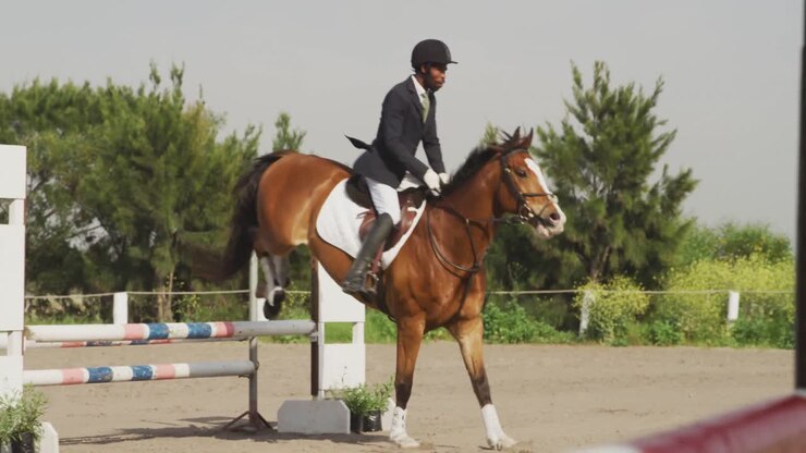 Uomo afroamericano che salta un ostacolo con il suo cavallo da dressage