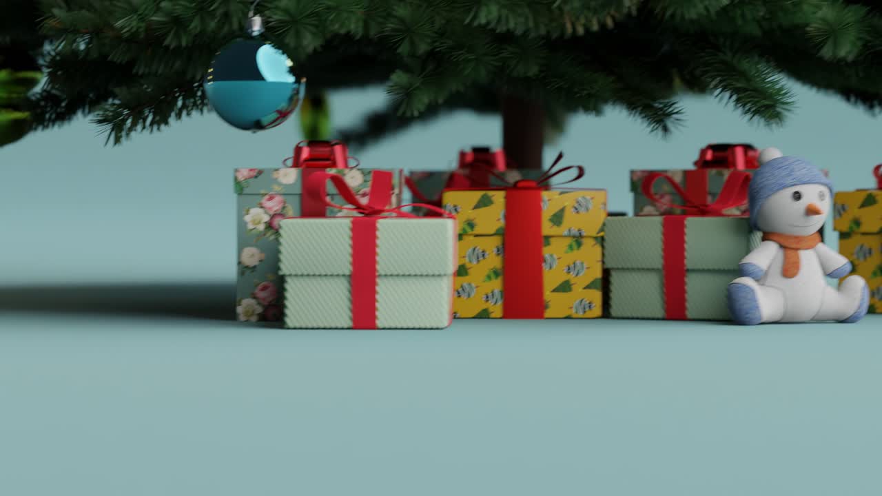 A christmas tree with gifts and teddy bear with copy space