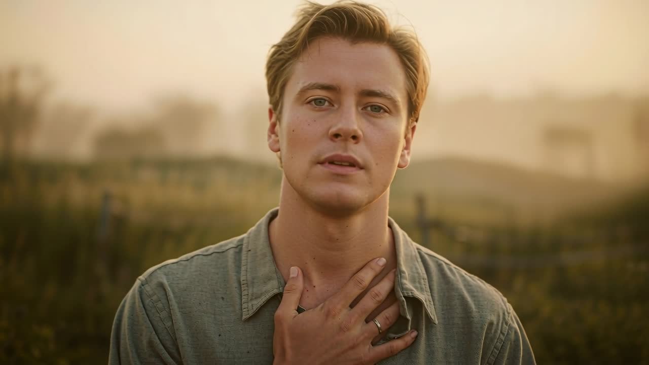 Uomo che reagisce con la mano destra sul petto in un campo alla luce dorata del tramonto, indossa una camicia chiara e un anello