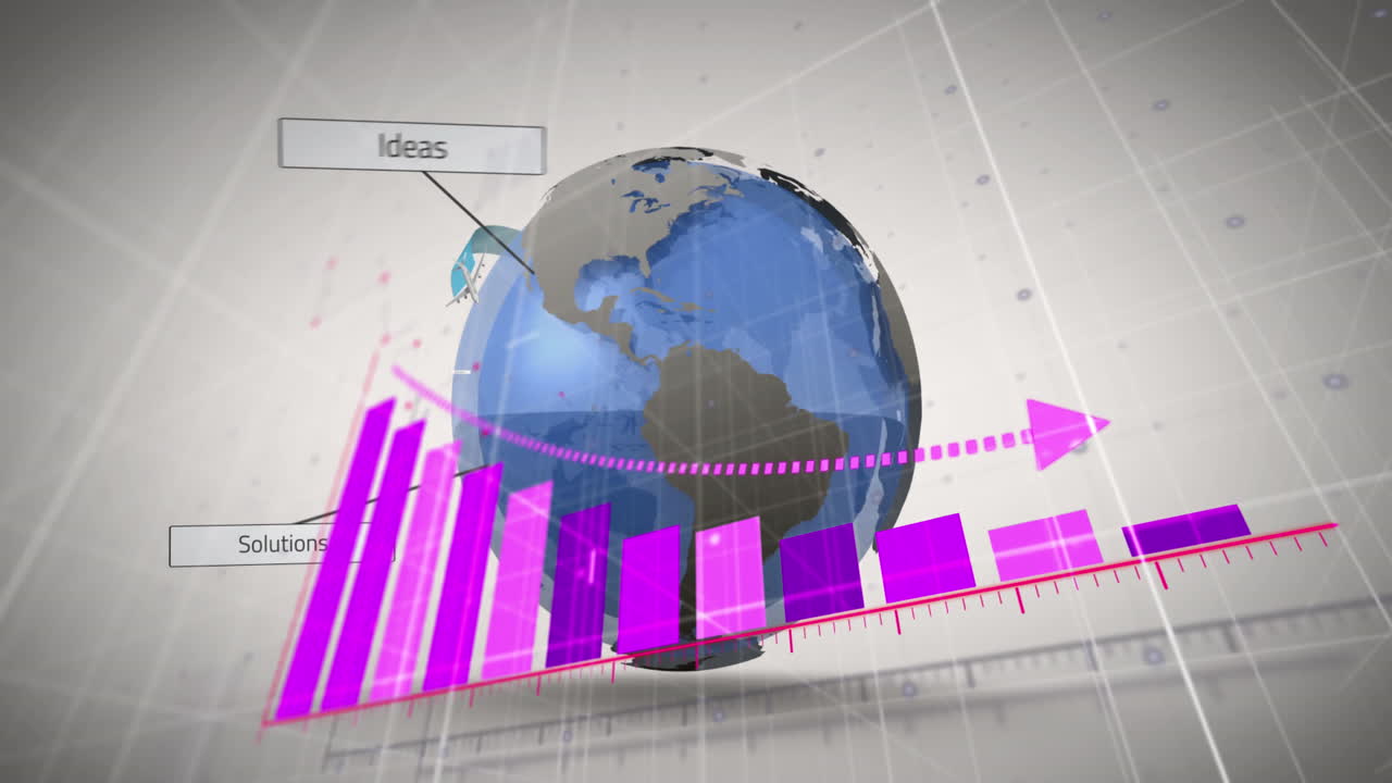 animación de flecha en gráfico con texto en rectángulos y aviones volando alrededor del mundo