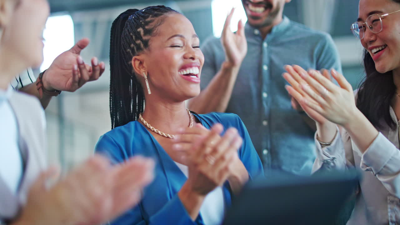 Office crowd, applause and black woman employee