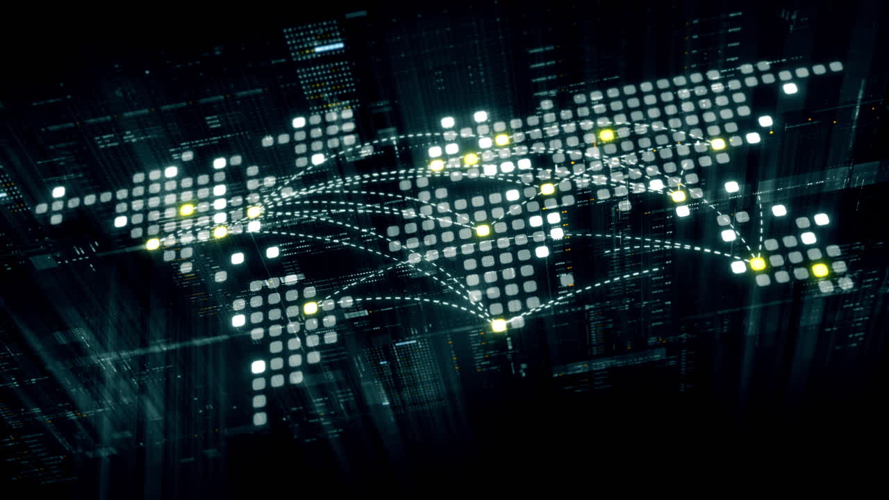 Futuristic data matrix simulation featuring metaverse-inspired elements, an information network, and hi-tech digital data telemetry with encrypted numbers. A dynamic background for computer display