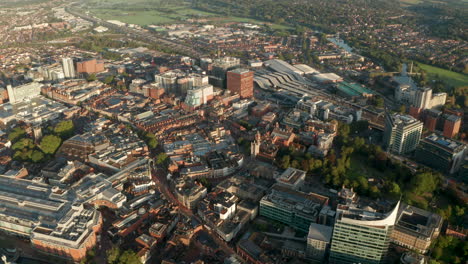 Slow-rising-establishing-aerial-shot-towards-central-Reading-UK