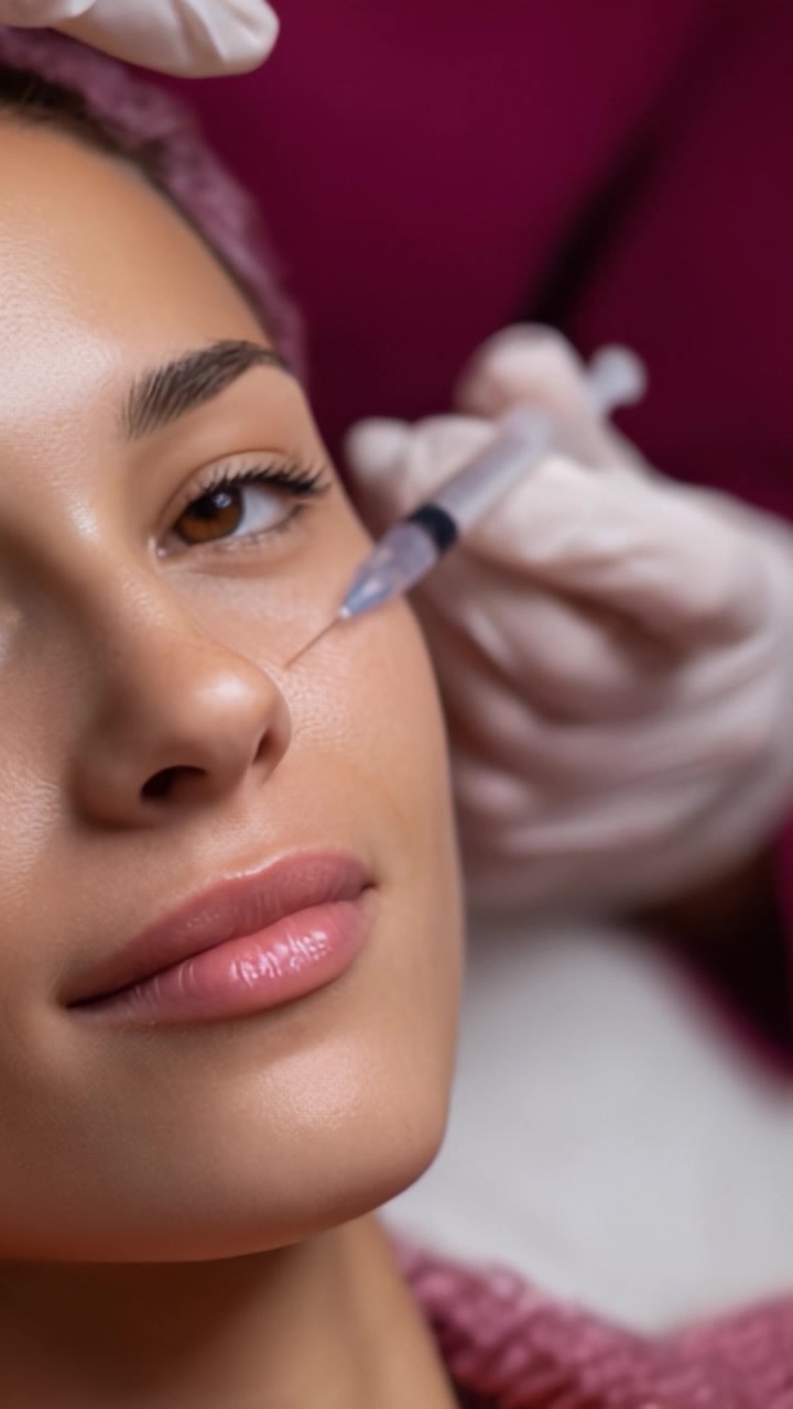 Una giovane donna sottoposta a trattamento estetico con una siringa, che evidenzia la bellezza dei miglioramenti facciali non chirurgici in un ambiente clinico moderno.