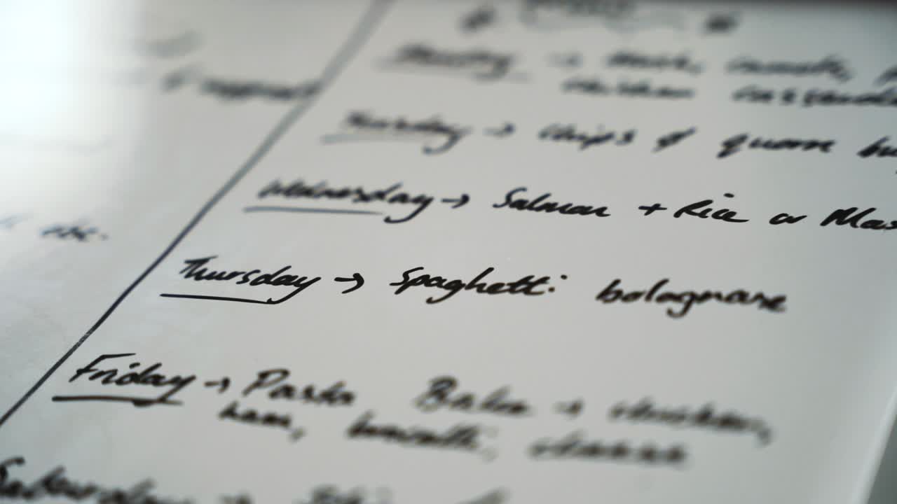 menú de preparación de comida escrito a mano en una pizarra blanca - vista de cerca