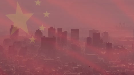 animación de la bandera de china sobre el paisaje urbano
