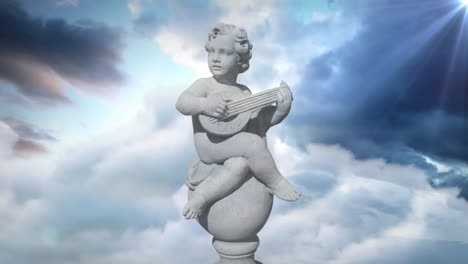 animation of gray sculpture of cupid over blue sky and clouds