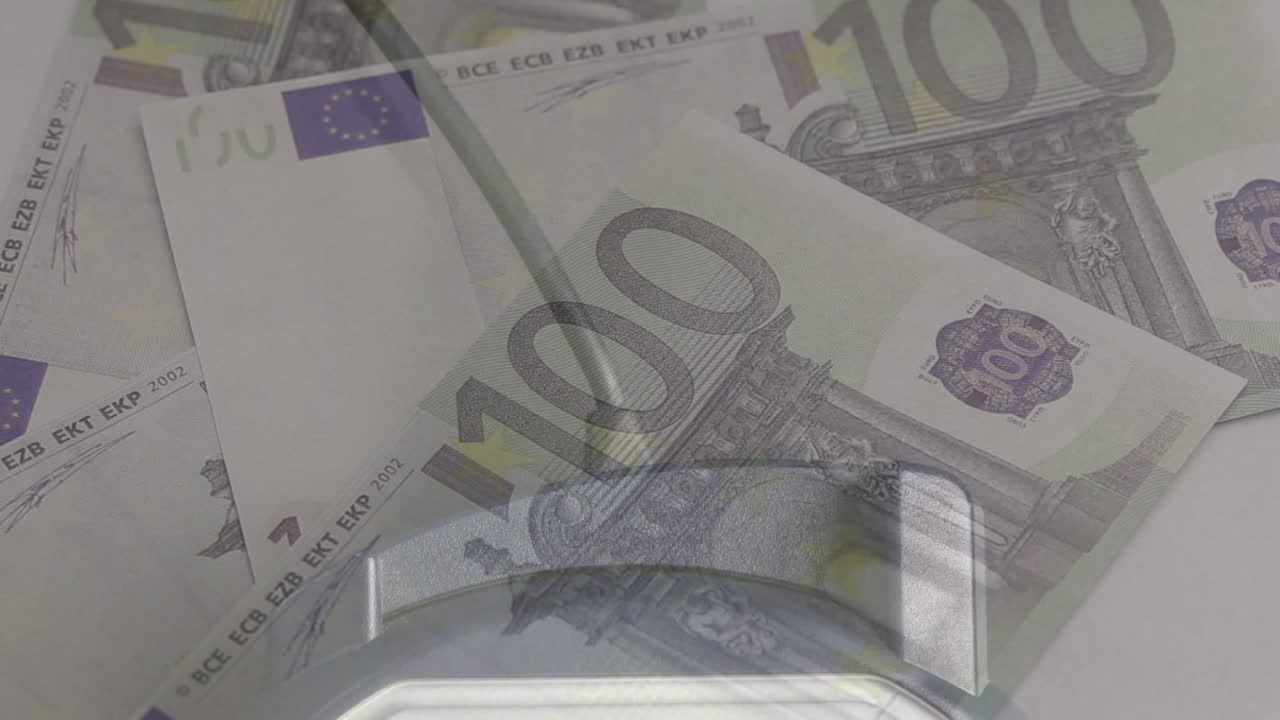 Animation af eurosedler, der falder over betalingsterminal