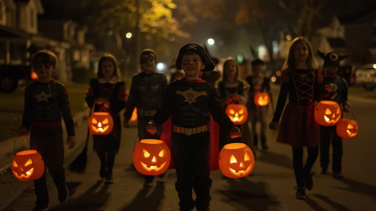 Group of Children Dressed in Halloween Costumes Walking Down a Dimly Lit Street, Holding Jack-o'-Lanterns During a Spooky Night Celebration