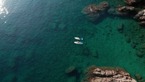 Fitte-Frauen-Schwimmen-Auf-Einem-Paddelbrett-Im-Meer