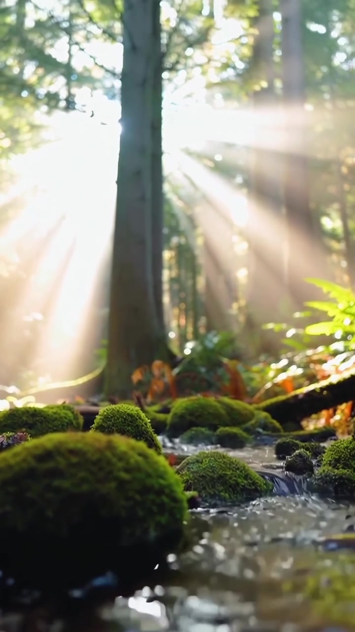 Raggi di sole dorati che illuminano un ruscello muschioso nella foresta