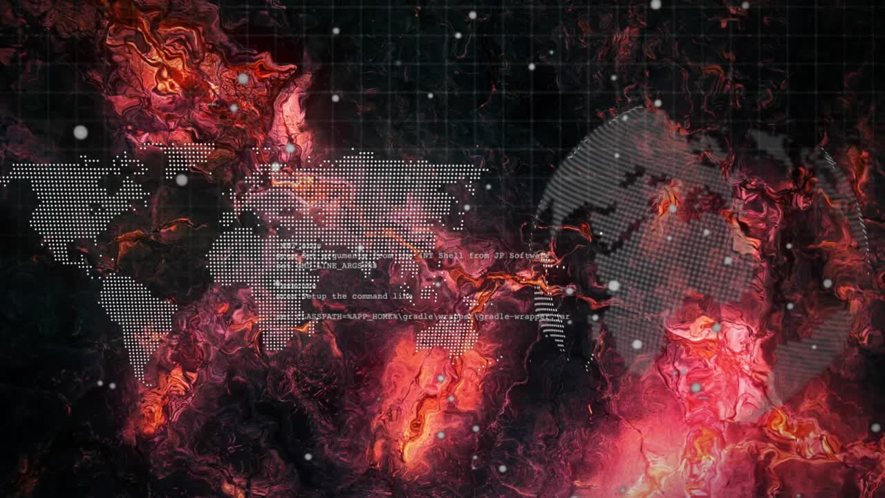 Pulse causing dotted map and globe pulsing, rotating, veins flowing, code streaming showing data