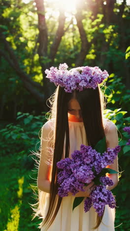 young woman adorned with lilac flowers in a sunny garden