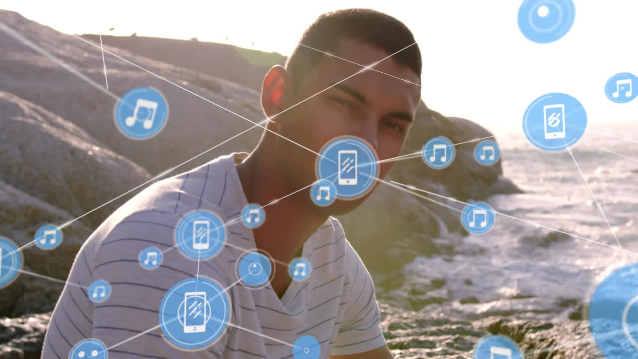 animación de la red de conexiones sobre el hombre feliz en la playa