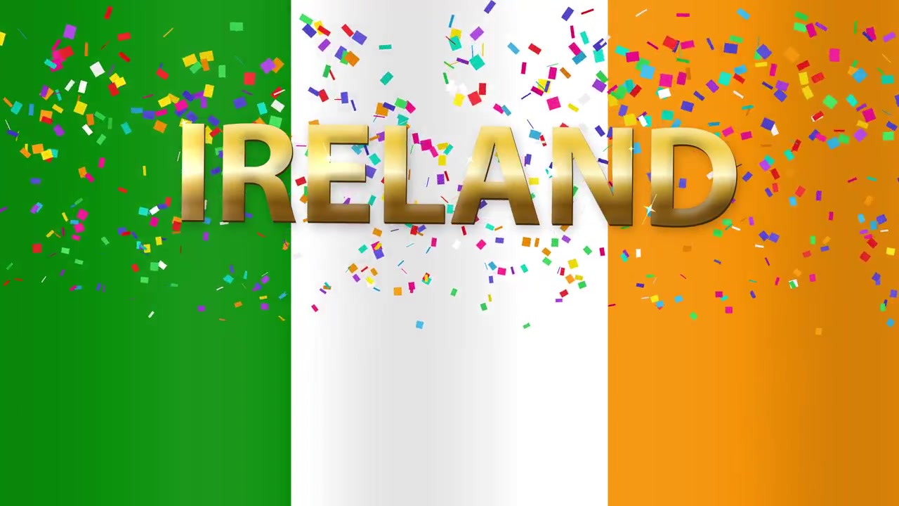 A waving national flag of Ireland features golden 3D text and colorful falling confetti.