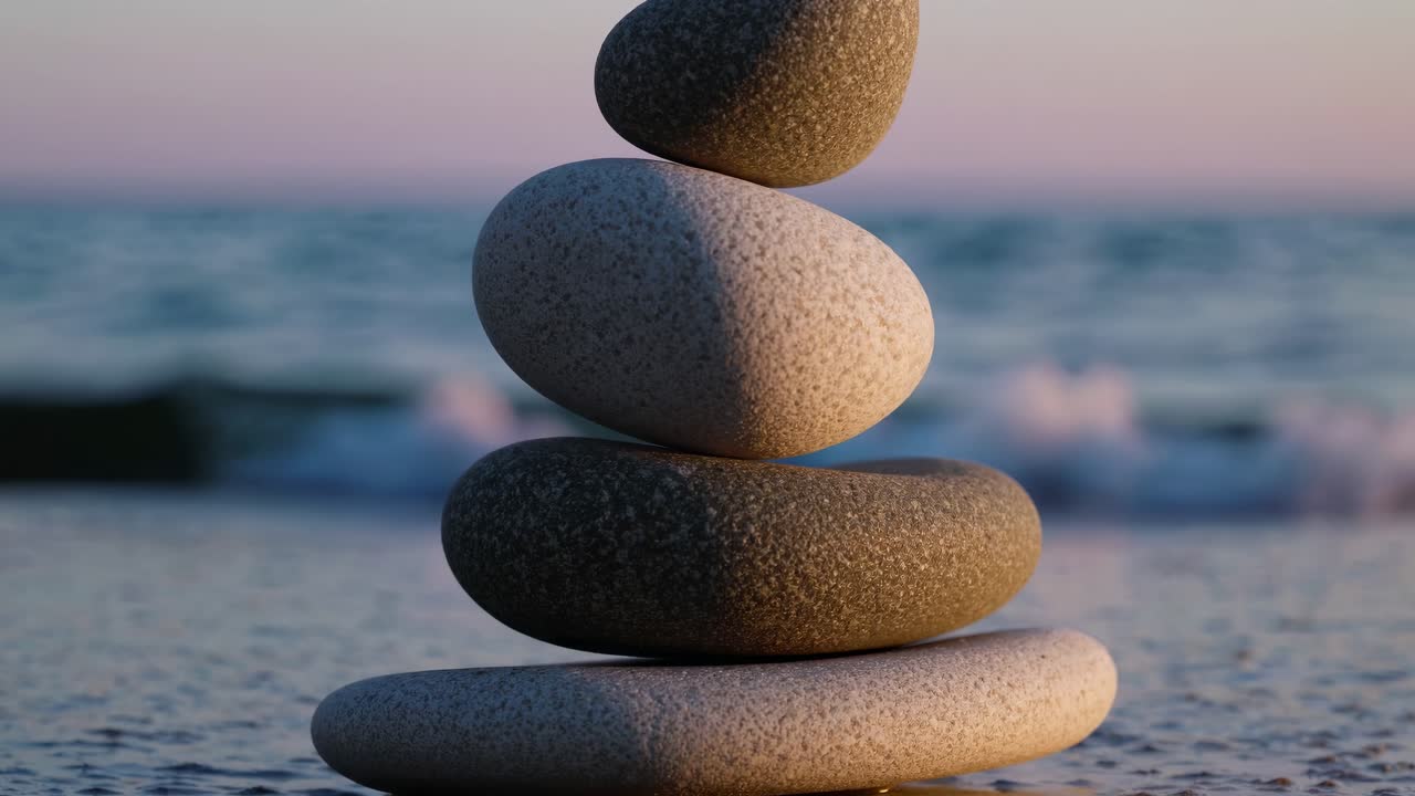 A serene video of stacked stones on a beach at sunset, captured from a low angle