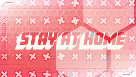 Animation-of-text-Stay-At-Home-with-crosses-moving-on-pink-background-with-a-grid