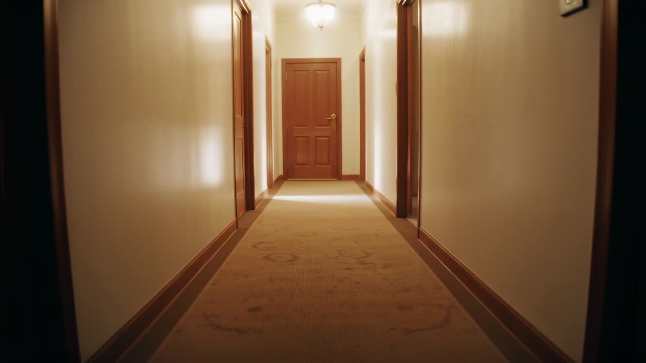 Telecamera che scorre lungo uno stretto corridoio rivestito di moquette per inquadrare una porta di legno chiusa sotto una luce calda.