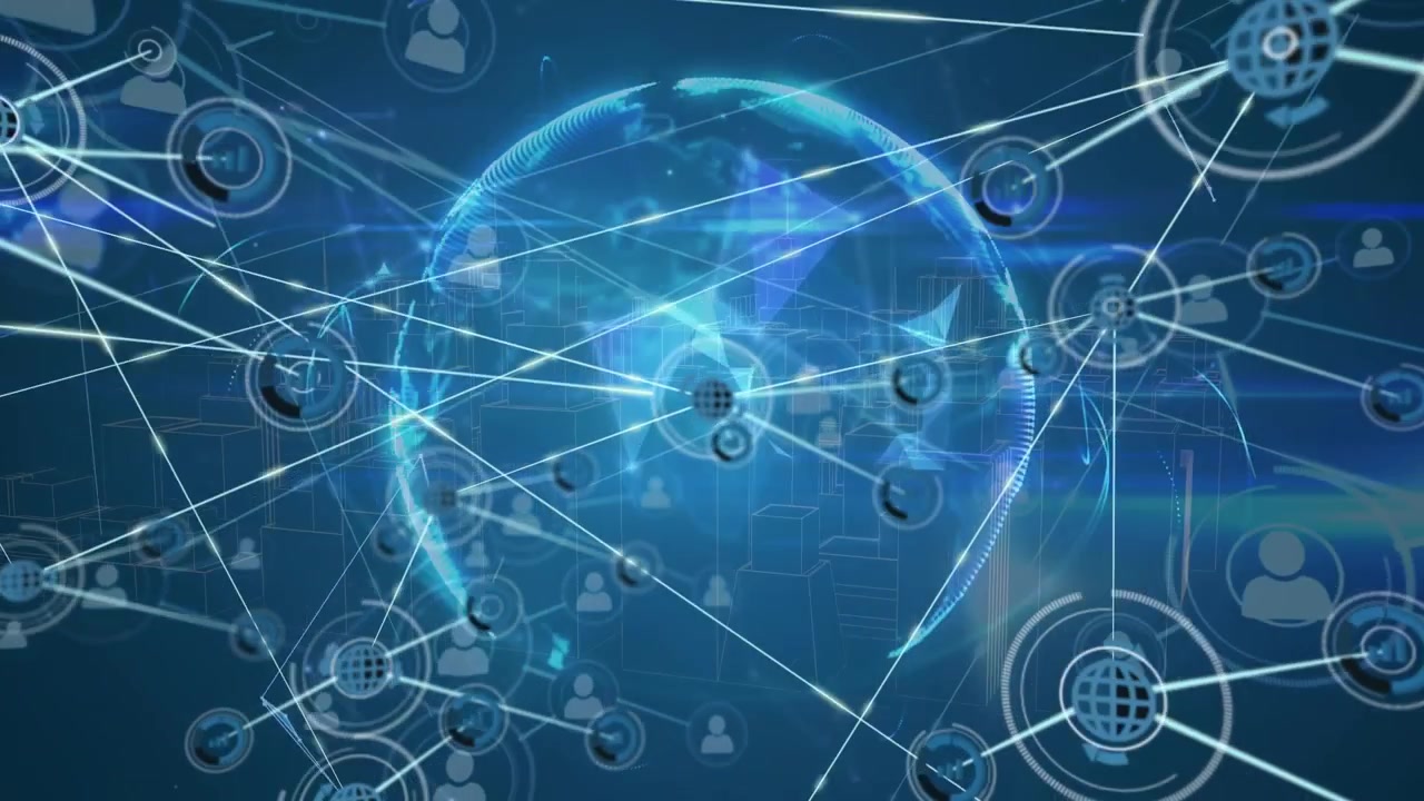 Animation eines Netzwerks digitaler Symbole über einem Globus aus Plexus-Netzwerk vor blauem Hintergrund